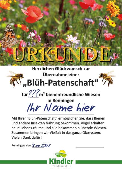 Urkunde-Patenschaft Blühwiese Kindler Hofmanufaktur Muster- Blumenwiese-Kindler Hofmanufaktur